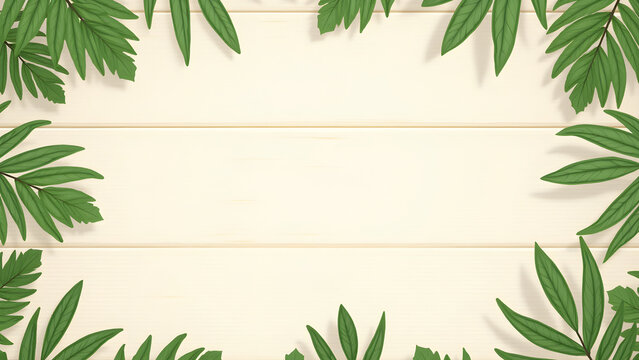 Light Wood Background with Green Leaf Border