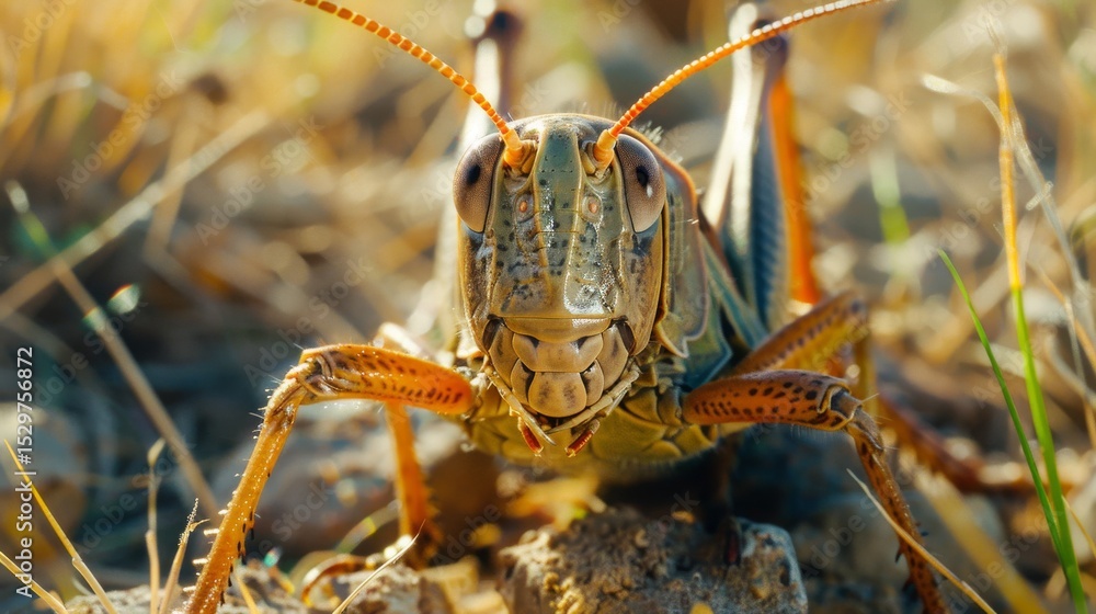 Poster a detailed close-up of a grasshopper perched on dry grass, showcasing its intricate features and vib