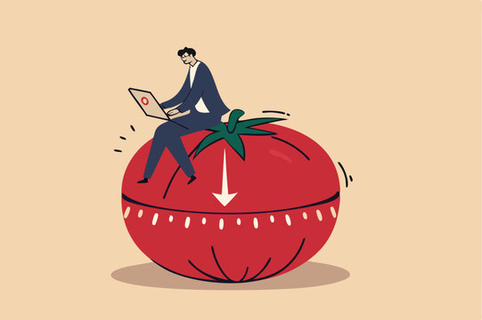 Pomodoro technique to increase work productivity, set timer to focus work and break or rest concept, smart businessman focus on working with laptop computer sitting on Pomodoro tomato timer stopwatch.