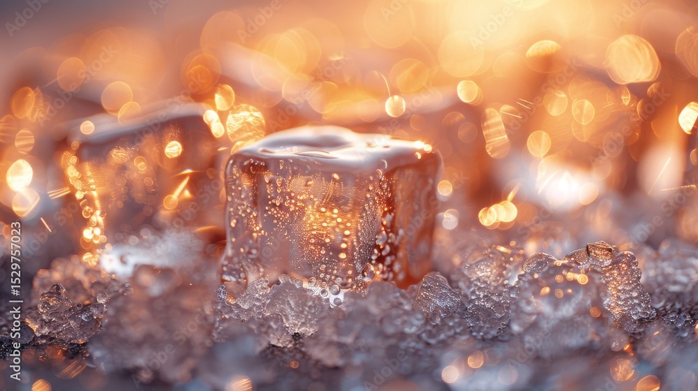 Poster close-up of glimmering ice cubes resting on a sparkling surface, illuminated by warm light, creating