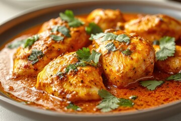 Spicy chicken pieces simmered in a rich, creamy tomato-based curry, garnished with cilantro.