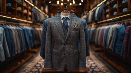 A beautifully arranged tailored suit on a mannequin, set against a backdrop of sophisticated clothing, showcasing elegance, style, and the art of fashion in retail design.