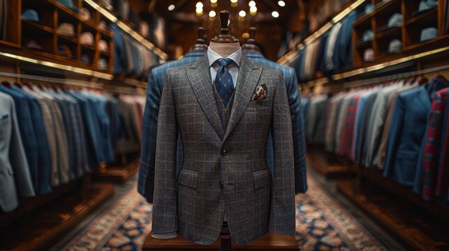 A beautifully arranged tailored suit on a mannequin, set against a backdrop of sophisticated clothing, showcasing elegance, style, and the art of fashion in retail design.