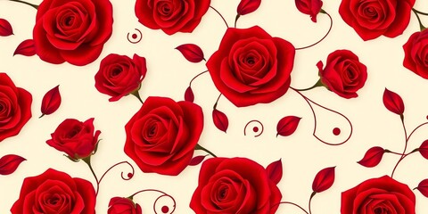 Elegant, swirling pattern of deep red roses on a soft, cream background,   vintage background,  graphic