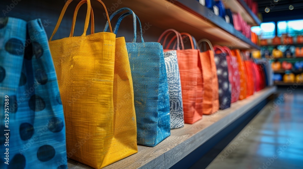 Poster a vibrant array of bags displayed on shelves, showcasing various patterns and colors, representing s