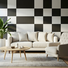 Modern Living Room with Checkerboard Wall Neutral Furniture and Tropical Plant