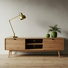 Modern Living Room Wooden TV Stand with Gold Lamp and Green Potted Plant