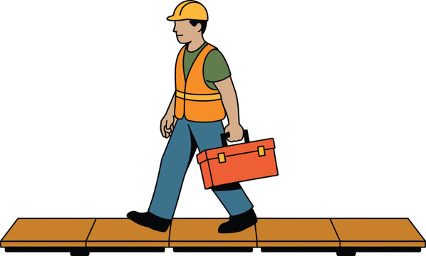 Construction worker walking with toolbox on temporary roadway panels for site access