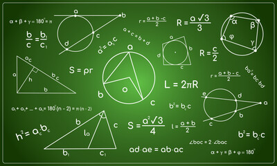 Math geometry formulas on green chalkboard vector illustration