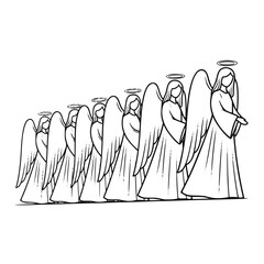 Obraz premium Angels in a row with wings and halos in simple line art style 
