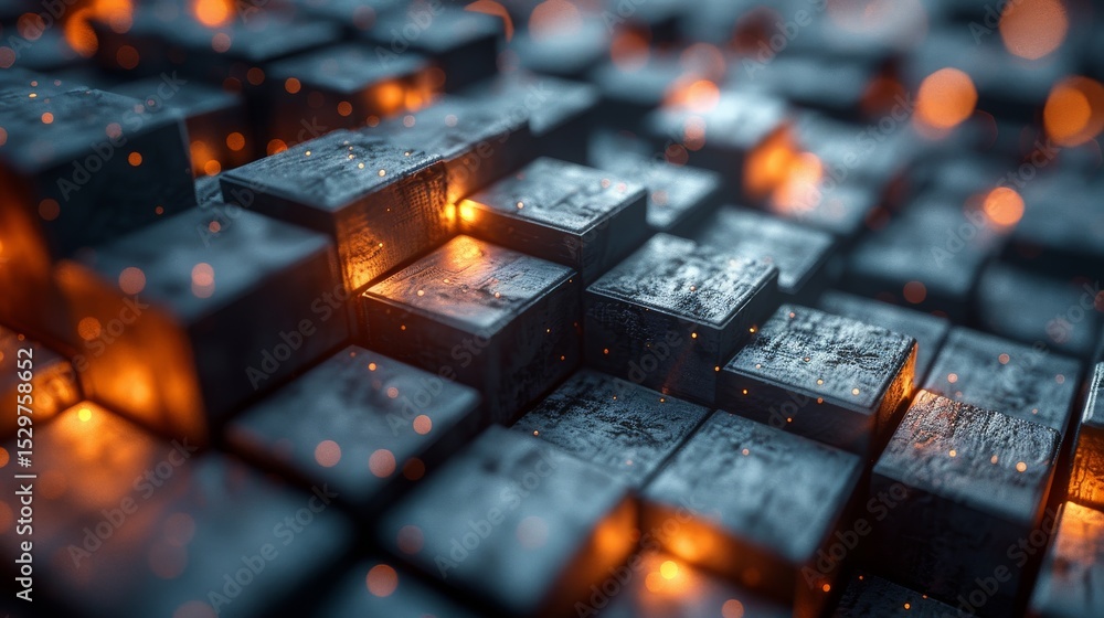 Aufkleber an arrangement of metallic blocks lit from within, showcasing a blend of texture and light that evok