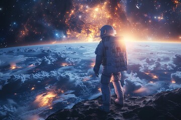 Obraz premium An astronaut stands on a rocky surface, gazing at a vibrant cosmic explosion in the background, representing the vast unknown of the universe and human curiosity.