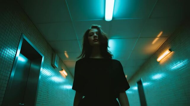 Cinematic footage shows a confident young woman walking down a corridor illuminated by teal and orange lights, creating a mysterious and captivating atmosphere