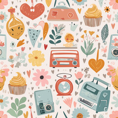 Seamless vector pattern with abstract poppy, daisy, camomile, dandelion flowers and branches. Cute country style floral background. Vintage cottagecore. Wallpaper, wrapping paper, surface design