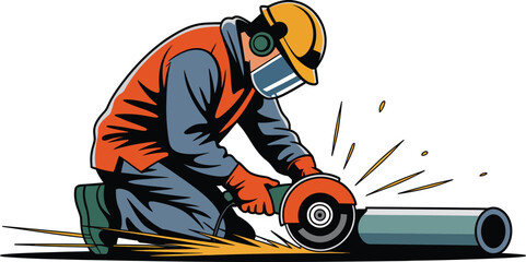Cartoon illustration of construction worker grinding metal with safety gear and sparks