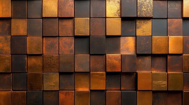 An intricate pattern of metal tiles displays varying shades of bronze and copper, offering an artistic texture that conveys a sense of modernity and sophistication.