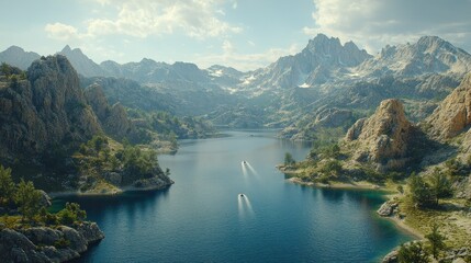 Serene alpine lake, rocky shores, distant peaks