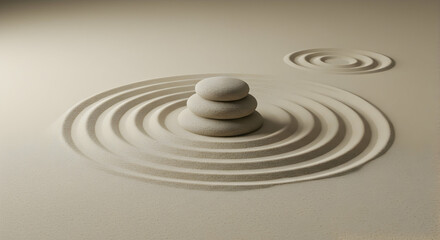 Naklejka premium Zen Garden Stacked Stones and Concentric Sand Circles for Meditation and Tranquility