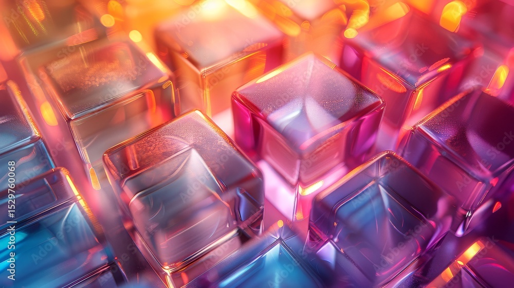 Poster a captivating arrangement of translucent glass cubes reflecting vibrant colors, creating an abstract