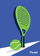 Modern padel racket and ball vector. Blue background sports illustration for padel-themed content.