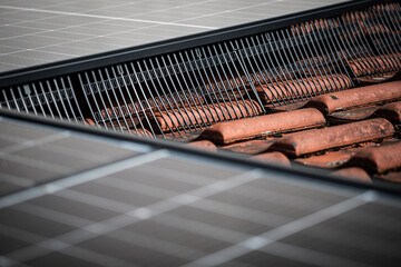 Bird protection guard on solar panel edge with roof tiles visible  
