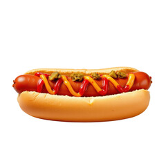 hot dog sausage in a bun topped with ketchup, mustard, and relish, on transparent background