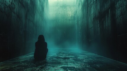 A solitary human figure sits in a dark, misty space, evoking feelings of isolation and introspection amidst towering, textured walls that seem to envelop the scene.