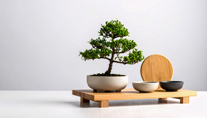 Traditional Bonsai Tree on Wooden Tray