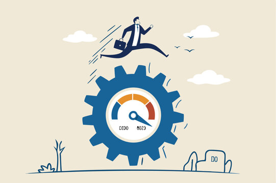 Work performance evaluation, full efficiency or maximum productivity, ambition or motivation to growth in business concept, ambitious businessman running at full speed to rotate measure cogwheel gear.