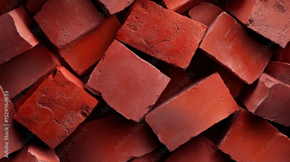 Poster a close-up view of various textured red bricks stacked together, illustrating their vivid color and 