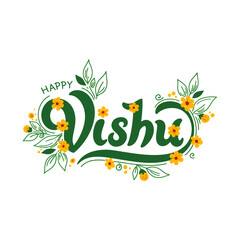 Obraz premium Vishu Calligraphy Vector with Kani Konna Flowers and Leaf Elements – Minimal Festive Design