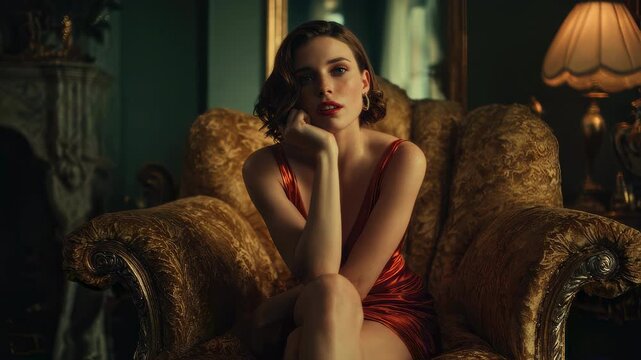 Fashion model with short brown hair and red dress posing on a gold armchair in a luxurious vintage room with a lamp and a mirror in the background