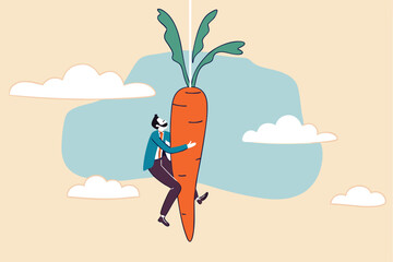 Motivation and incentive to motivate employee, reward or trick to influence people or manipulation concept, seduced businessman jump in the air to catch tempting carrot baiting lure from the stick.