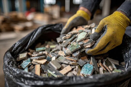 Closeup of worker's gloved hands handling broken tile pieces in a black bag, demonstrating construction waste management and recycling efforts in industrial setting.