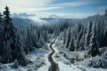 A serene snowy forest path leads through tall evergreen trees, showcasing nature's beauty in a winter wonderland with majestic mountains in the backdrop under a clear sky.