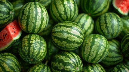 A vibrant display of fresh, striped watermelons offers a tantalizing glimpse into summer produce, emphasizing freshness, color, and abundance found in local markets.