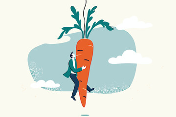 Motivation and incentive to motivate employee, reward or trick to influence people or manipulation concept, seduced businessman jump in the air to catch tempting carrot baiting lure from the stick.