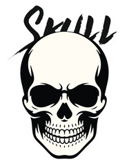 Fototapeta premium Minimalist Vector Skull Face with Aggressive Expression, Dripping Mouth, and Sharp Features Black Ink Silhouette Tattoo Stencil Art on White Background