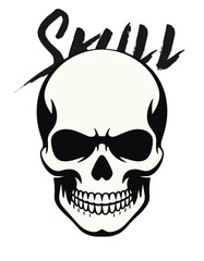 Obraz premium Minimalist Vector Skull Face with Aggressive Expression, Dripping Mouth, and Sharp Features Black Ink Silhouette Tattoo Stencil Art on White Background