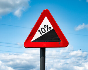 Traffic sign for steep hill at 10 percent in Grimbergen, Flemish Brabant, Belgium