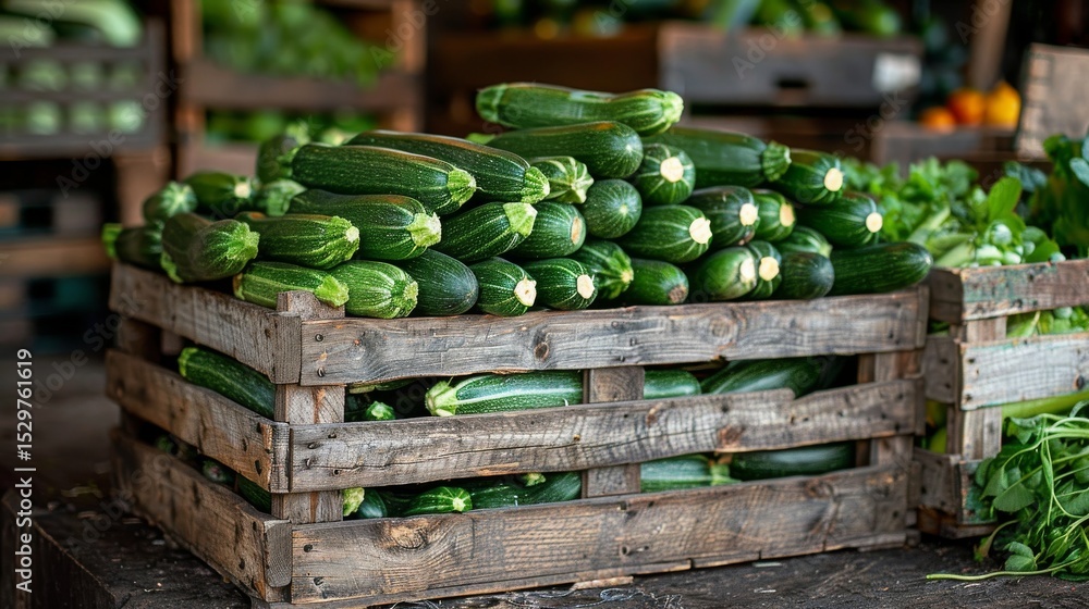 Poster a vibrant display of freshly harvested zucchinis arranged in rustic crates, emphasizing agricultural