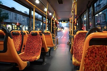 Fototapeta premium Empty bus driving through city at dusk with interior view showing orange seats