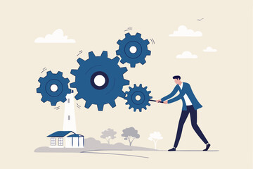 Business work flow, leadership to drive team and initiate productivity and efficiency working process concept, smart businessman manager use all his power and skill to rotate group of cogwheels gear.