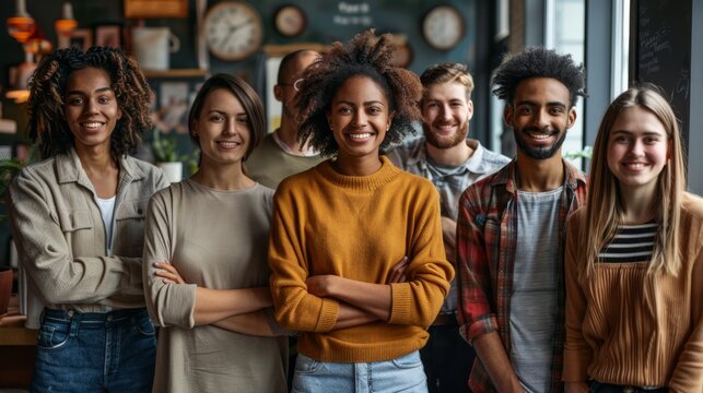 A cheerful diverse group of young adults stands together in a cozy cafe, showcasing friendship, diversity, and enjoyment. Their smiles radiate warmth and connection. - Powered by Adobe