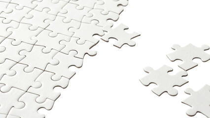 White jigsaw puzzle pieces on black background, problem solving and strategy concept