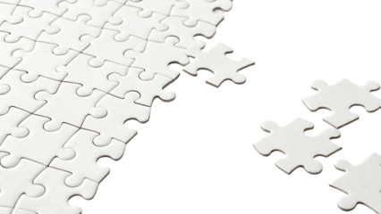 White jigsaw puzzle pieces on black background, problem solving and strategy concept
