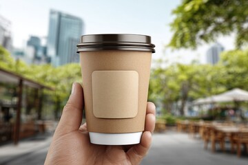 Close-up of a hand holding a disposable coffee cup with a blank label in an outdoor cafe, urban park background, perfect for branding and advertising mockups.