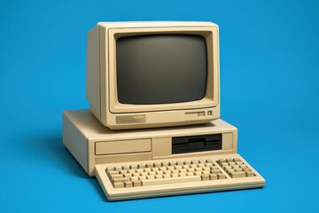 Retro Computer on Blue Background for Vintage Technology and Nostalgic Computing Theme