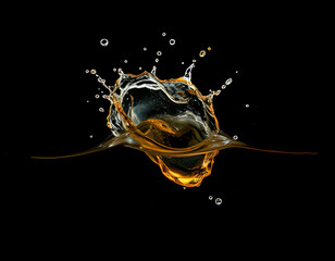 a golden liquid splash, possibly beer or whiskey, captured mid-air against a black background. Dynamic motion and crystal clarity highlight fluid energy