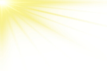Yellow sunlight rays with soft glow from the top on transparent background, corner sunlight overlay, warm flare design, soft radiance from top edge